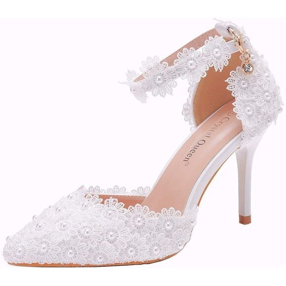 Wedding Heel Sandals White Lace Pearls Wedding Shoes Pointed Toe Bridal Shoe - Picture 2 of 7